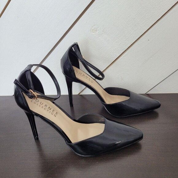 NEW Journee Collection Miriem Womens 10 Black Patent Pointed Ankle Strap Heels - Picture 1 of 9